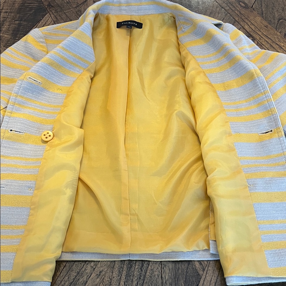 Talbots Double Breasted Lined Cropped Blazer, Yellow/Khaki Striped, Sz Womens 14 - Picture 8 of 9